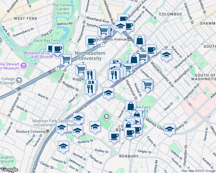 map of restaurants, bars, coffee shops, grocery stores, and more near 1065 Tremont Street in Boston