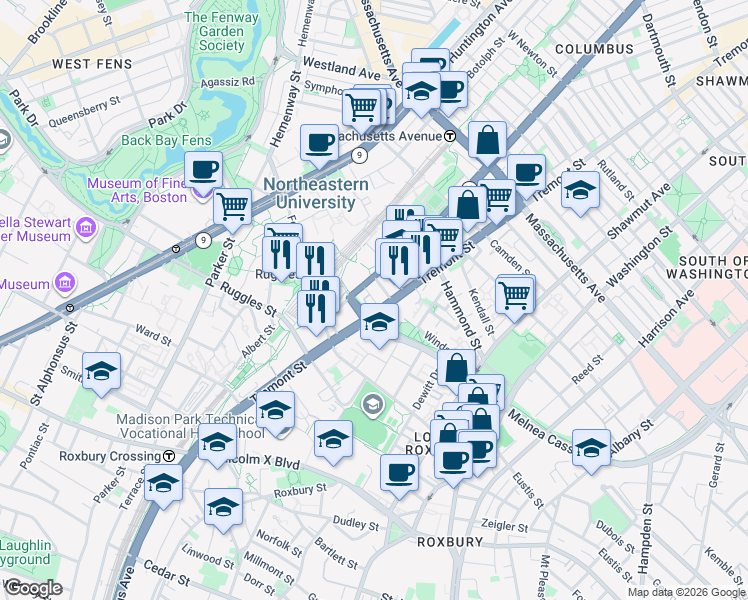 map of restaurants, bars, coffee shops, grocery stores, and more near 1065 Tremont Street in Boston