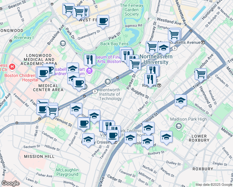 map of restaurants, bars, coffee shops, grocery stores, and more near 550 Huntington Avenue in Boston