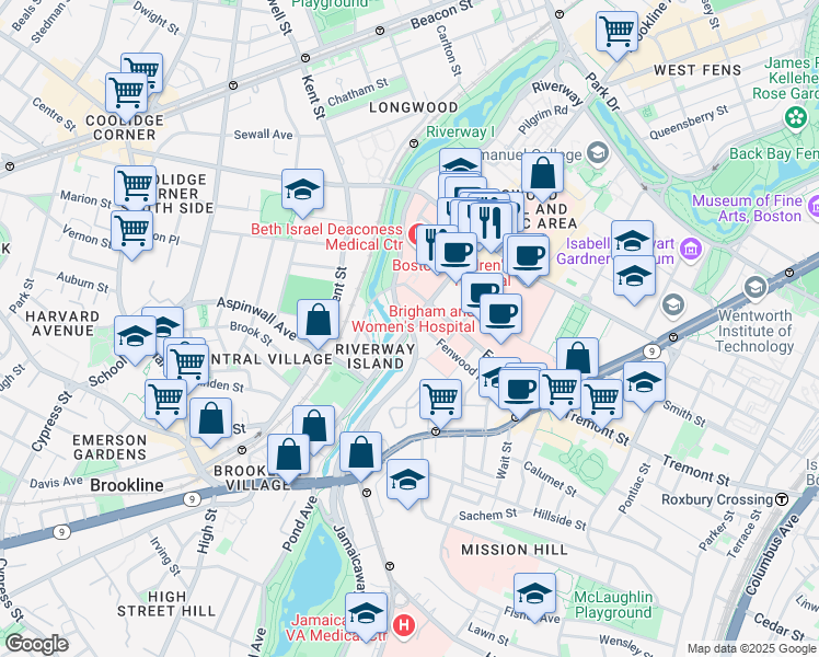 map of restaurants, bars, coffee shops, grocery stores, and more near 500 Brookline Avenue in Boston