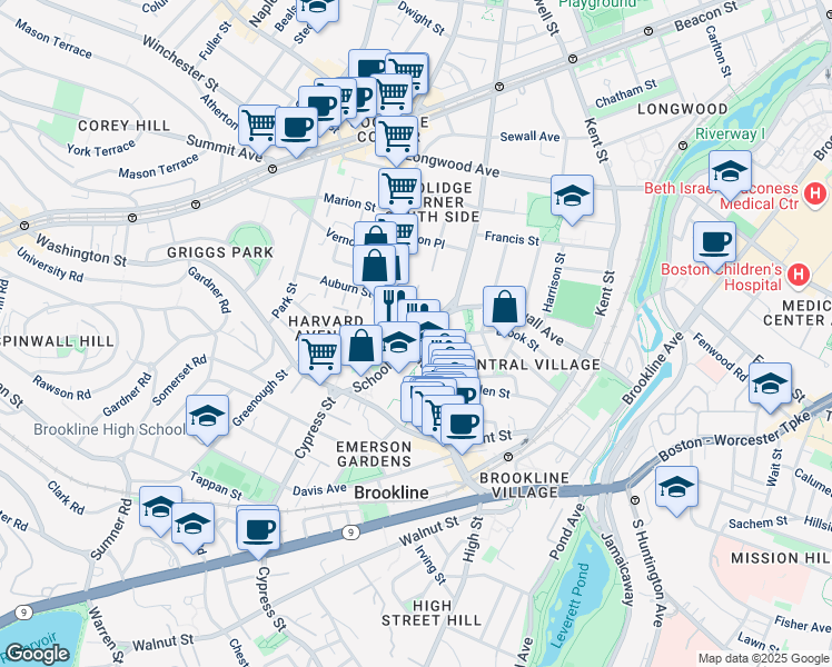 map of restaurants, bars, coffee shops, grocery stores, and more near 14 Homer Street in Brookline