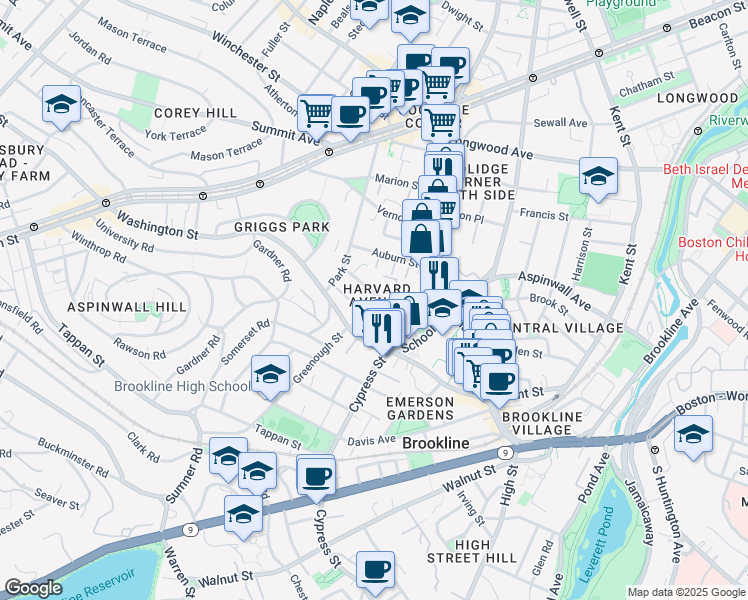map of restaurants, bars, coffee shops, grocery stores, and more near 54 Harvard Avenue in Brookline