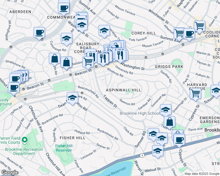 map of restaurants, bars, coffee shops, grocery stores, and more near 185 Rawson Road in Brookline