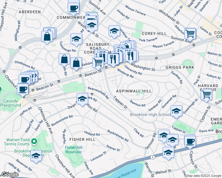map of restaurants, bars, coffee shops, grocery stores, and more near 299 Tappan Street in Brookline