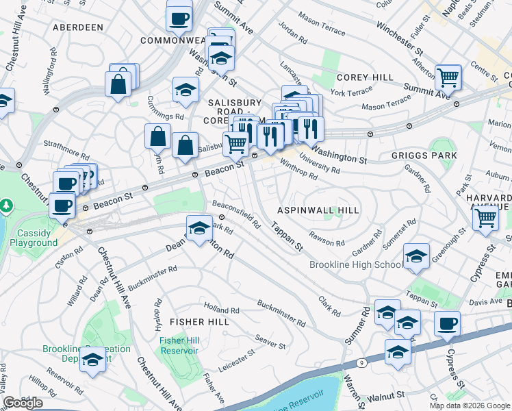 map of restaurants, bars, coffee shops, grocery stores, and more near 72 Regent Circle in Brookline