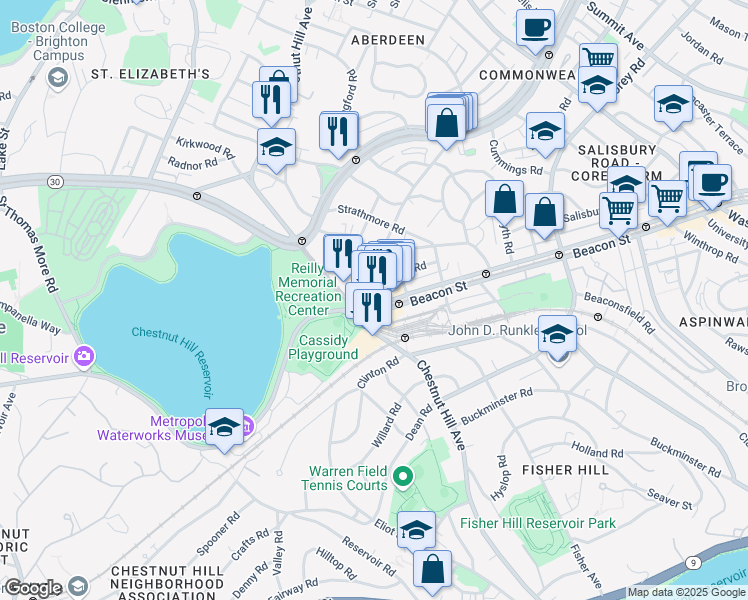 map of restaurants, bars, coffee shops, grocery stores, and more near 1939 Beacon Street in Boston