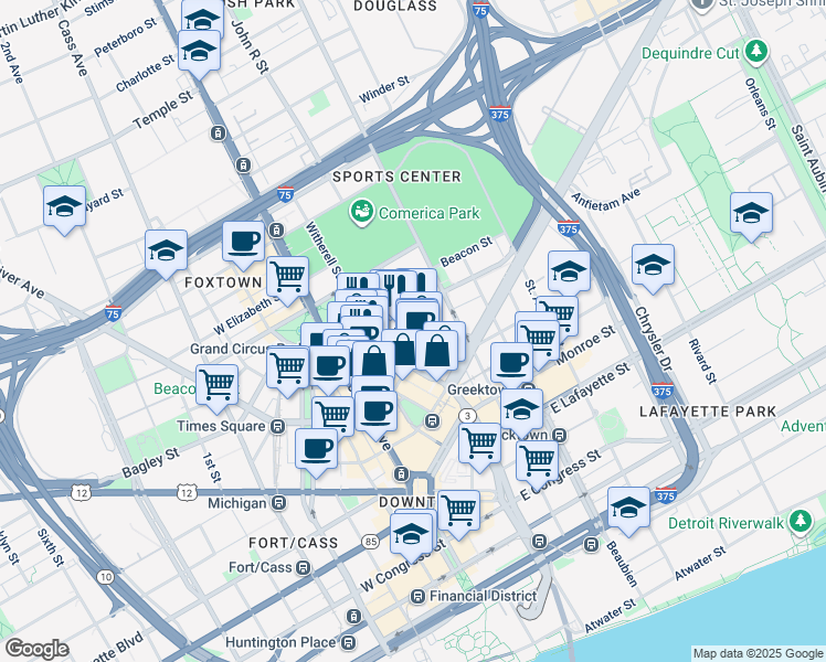 map of restaurants, bars, coffee shops, grocery stores, and more near 1426 Broadway Street in Detroit
