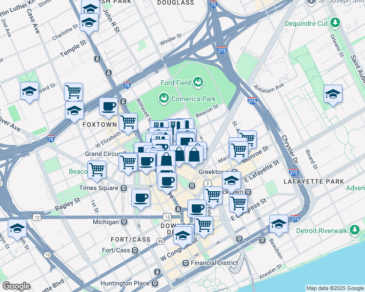 map of restaurants, bars, coffee shops, grocery stores, and more near 1426 Broadway Street in Detroit