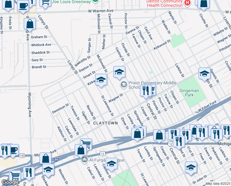 map of restaurants, bars, coffee shops, grocery stores, and more near 5813 Lumley Street in Detroit