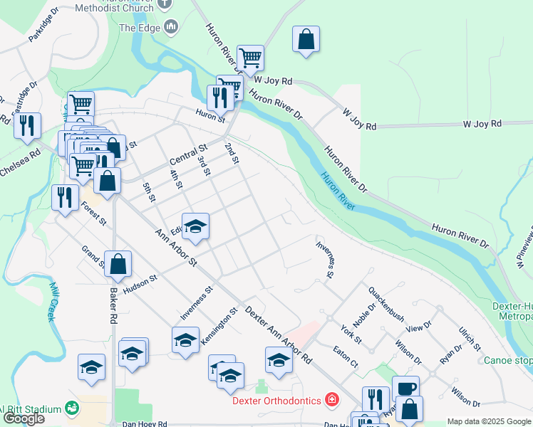 map of restaurants, bars, coffee shops, grocery stores, and more near 7707 2nd Street in Dexter