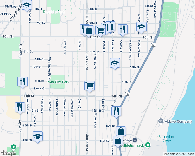 map of restaurants, bars, coffee shops, grocery stores, and more near 1245 Victoria Avenue in North Chicago