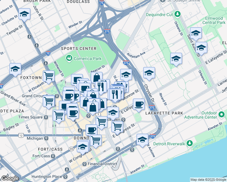 map of restaurants, bars, coffee shops, grocery stores, and more near 1300 Beaubien Street in Detroit