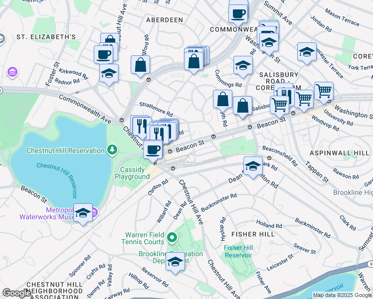 map of restaurants, bars, coffee shops, grocery stores, and more near 1897 Beacon Street in Brookline
