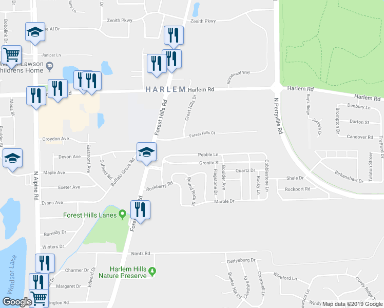map of restaurants, bars, coffee shops, grocery stores, and more near 5162 Pebble Lane in Loves Park