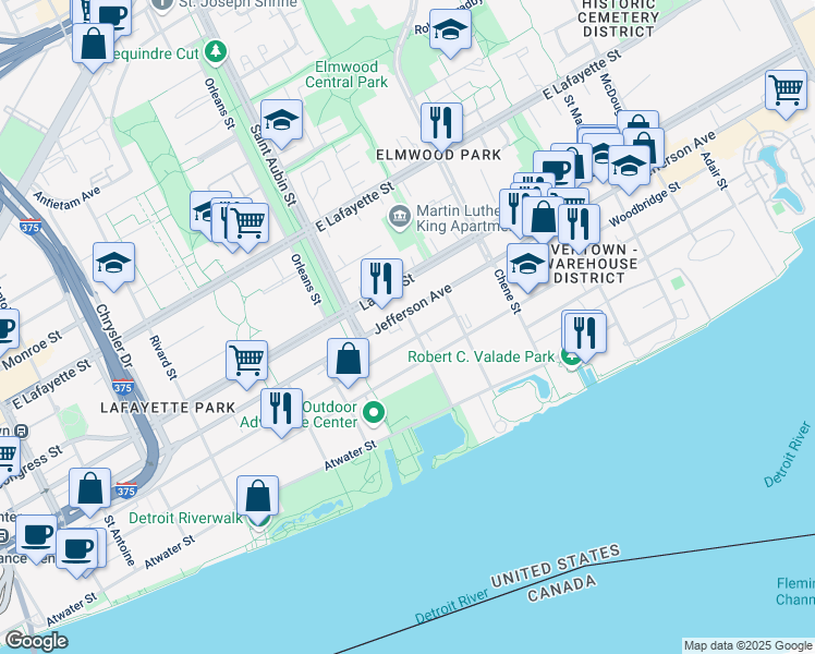 map of restaurants, bars, coffee shops, grocery stores, and more near 2016 East Jefferson Avenue in Detroit