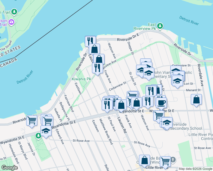 map of restaurants, bars, coffee shops, grocery stores, and more near in Windsor