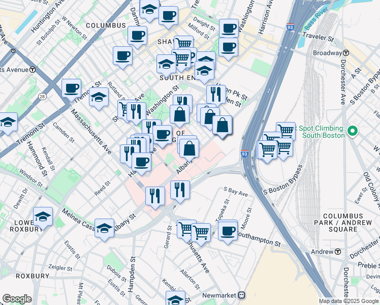 map of restaurants, bars, coffee shops, grocery stores, and more near 635 Albany Street in Boston