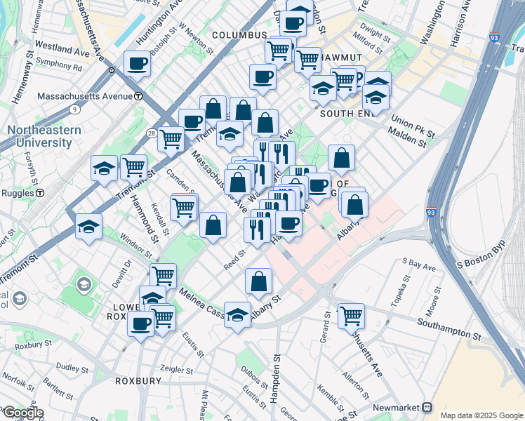 map of restaurants, bars, coffee shops, grocery stores, and more near 668 Massachusetts Avenue in Boston