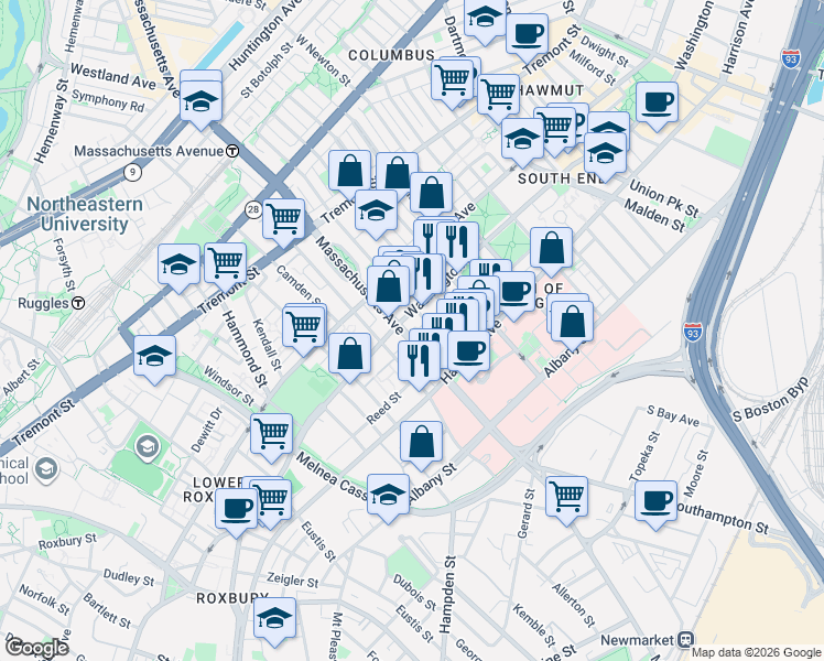 map of restaurants, bars, coffee shops, grocery stores, and more near 668 Massachusetts Avenue in Boston