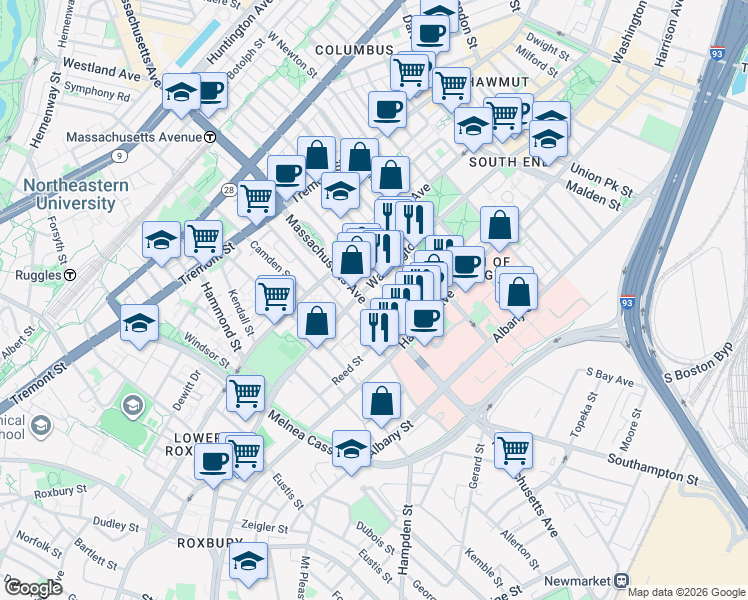 map of restaurants, bars, coffee shops, grocery stores, and more near 668 Massachusetts Avenue in Boston