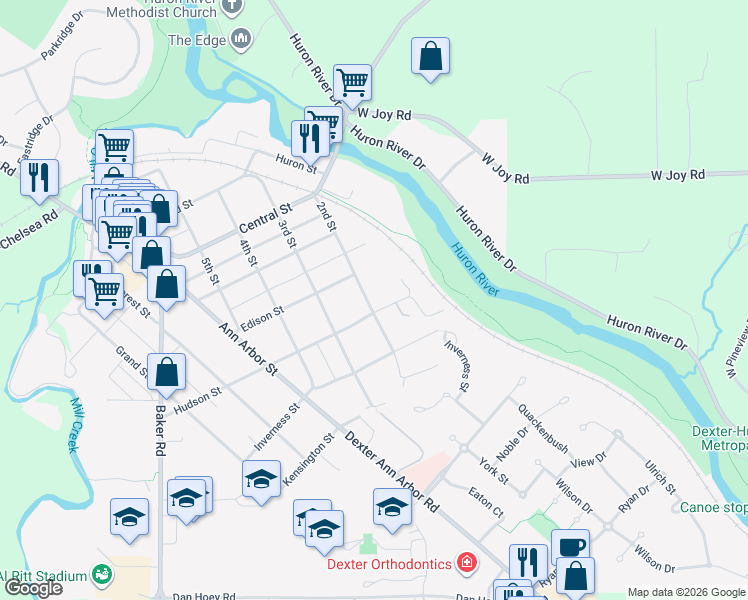 map of restaurants, bars, coffee shops, grocery stores, and more near 7707 2nd Street in Dexter