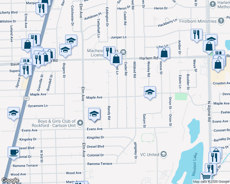 map of restaurants, bars, coffee shops, grocery stores, and more near 7701 Scott Lane in Machesney Park