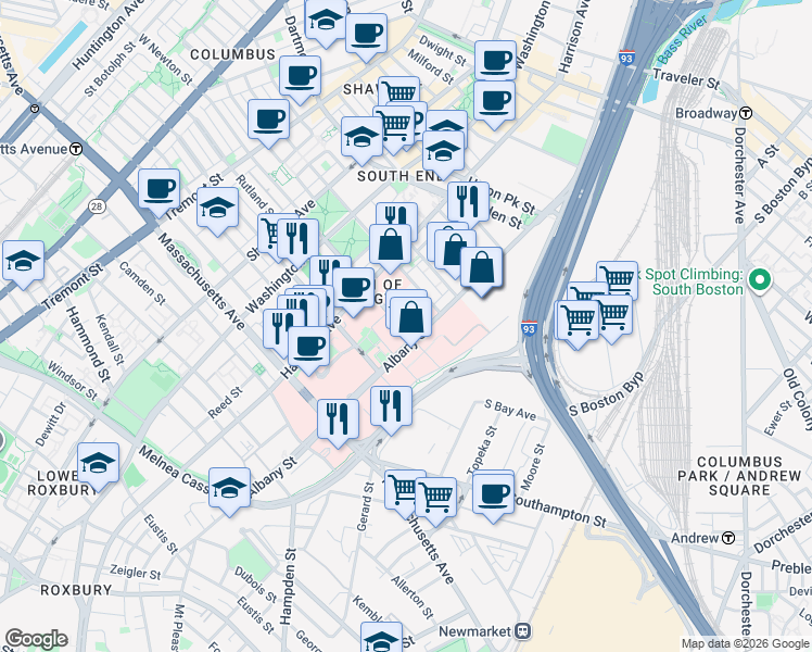 map of restaurants, bars, coffee shops, grocery stores, and more near 635 Albany Street in Boston