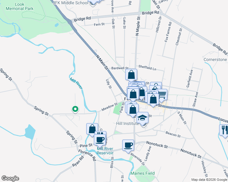 map of restaurants, bars, coffee shops, grocery stores, and more near 22 Lilly Street in Northampton