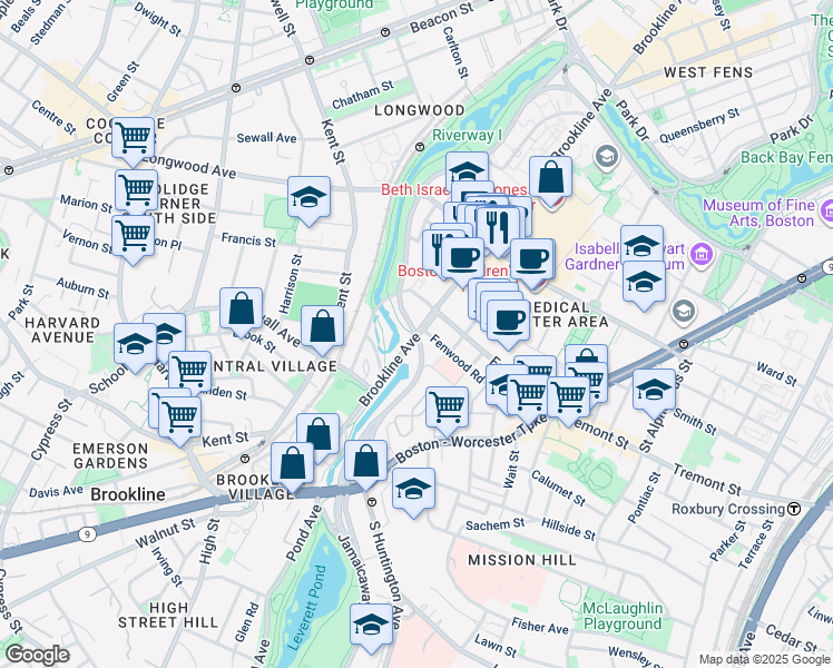 map of restaurants, bars, coffee shops, grocery stores, and more near Riverway in Boston