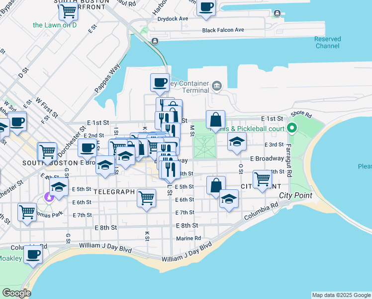 map of restaurants, bars, coffee shops, grocery stores, and more near 784 East Broadway in Boston