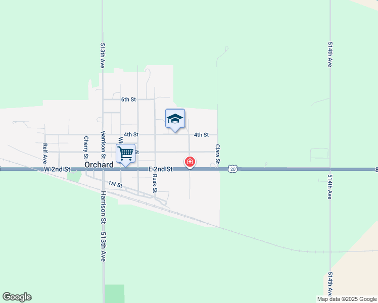 map of restaurants, bars, coffee shops, grocery stores, and more near 501 3rd Street in Orchard