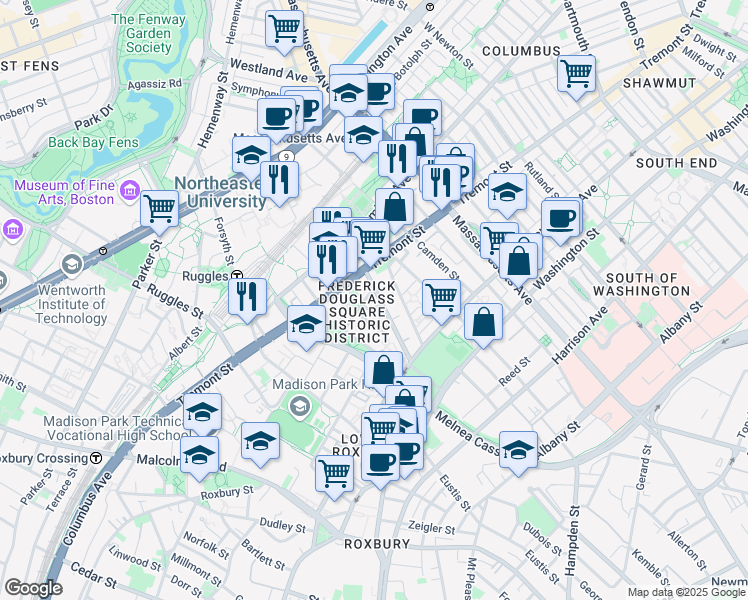 map of restaurants, bars, coffee shops, grocery stores, and more near 10 Sussex Street in Boston