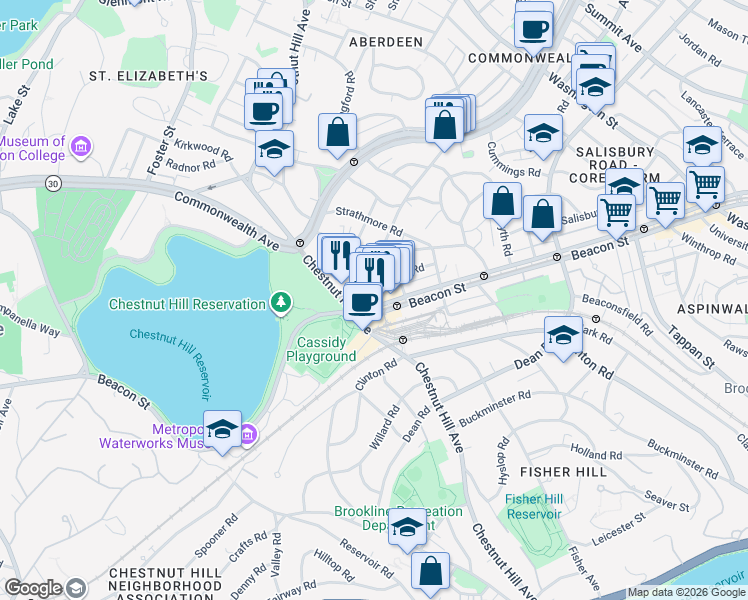 map of restaurants, bars, coffee shops, grocery stores, and more near 1936 Beacon Street in Boston