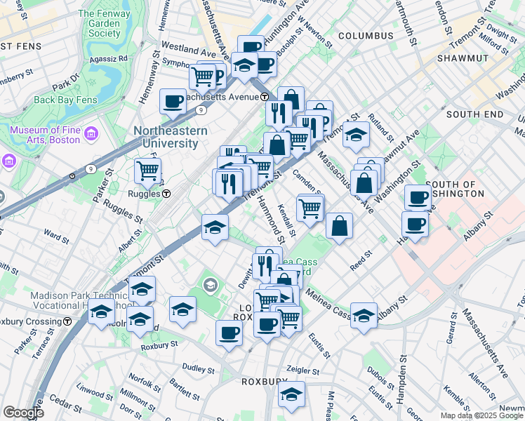 map of restaurants, bars, coffee shops, grocery stores, and more near 10 Sussex Street in Boston