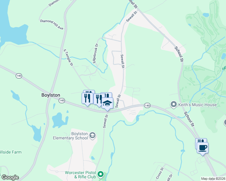 map of restaurants, bars, coffee shops, grocery stores, and more near 134 Sewall Street in Boylston