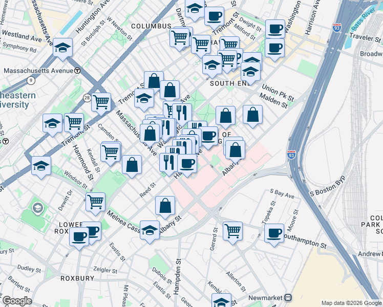 map of restaurants, bars, coffee shops, grocery stores, and more near 36 Worcester Square in Boston