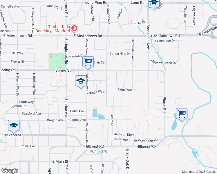 map of restaurants, bars, coffee shops, grocery stores, and more near 730 North Modoc Avenue in Medford
