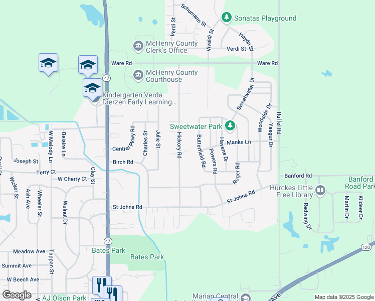 map of restaurants, bars, coffee shops, grocery stores, and more near 611 Hickory Road in Woodstock