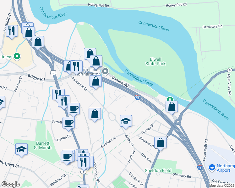 map of restaurants, bars, coffee shops, grocery stores, and more near 29 Industrial Drive East in Northampton