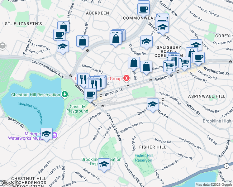 map of restaurants, bars, coffee shops, grocery stores, and more near 19 Strathmore Road in Brookline