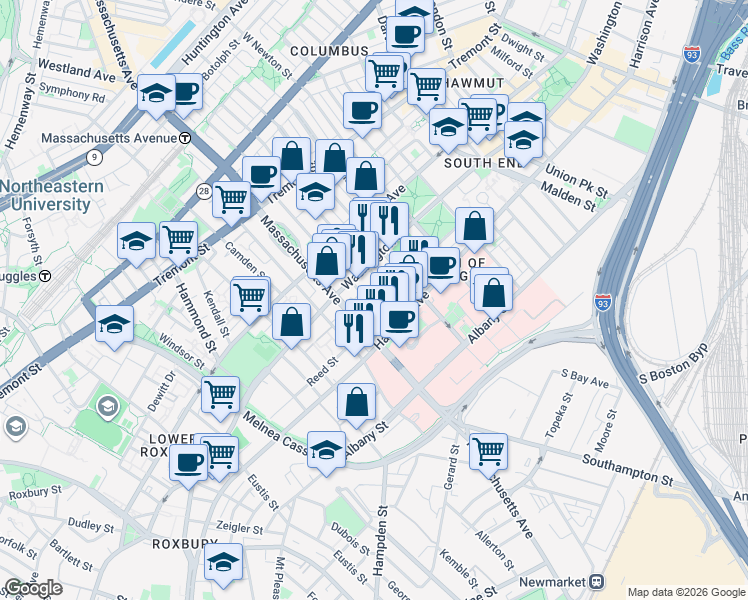 map of restaurants, bars, coffee shops, grocery stores, and more near 668 Massachusetts Avenue in Boston