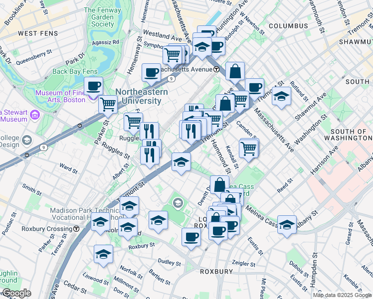 map of restaurants, bars, coffee shops, grocery stores, and more near Cunard Street in Boston
