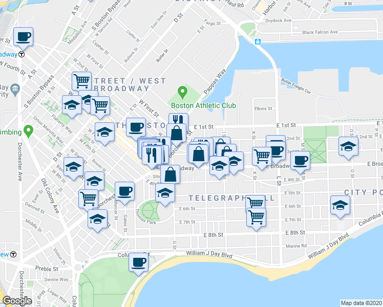 map of restaurants, bars, coffee shops, grocery stores, and more near E 3rd St & Emerson St in Boston