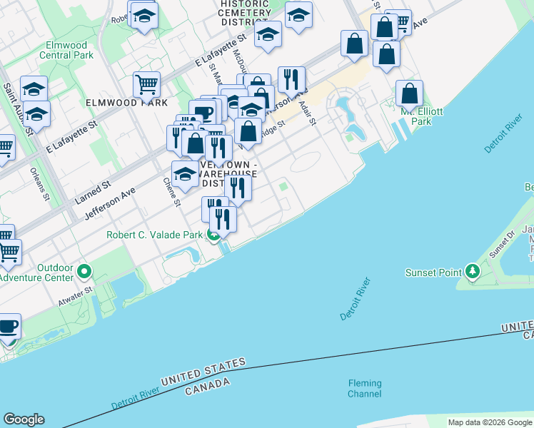 map of restaurants, bars, coffee shops, grocery stores, and more near 100 River Place Drive in Detroit