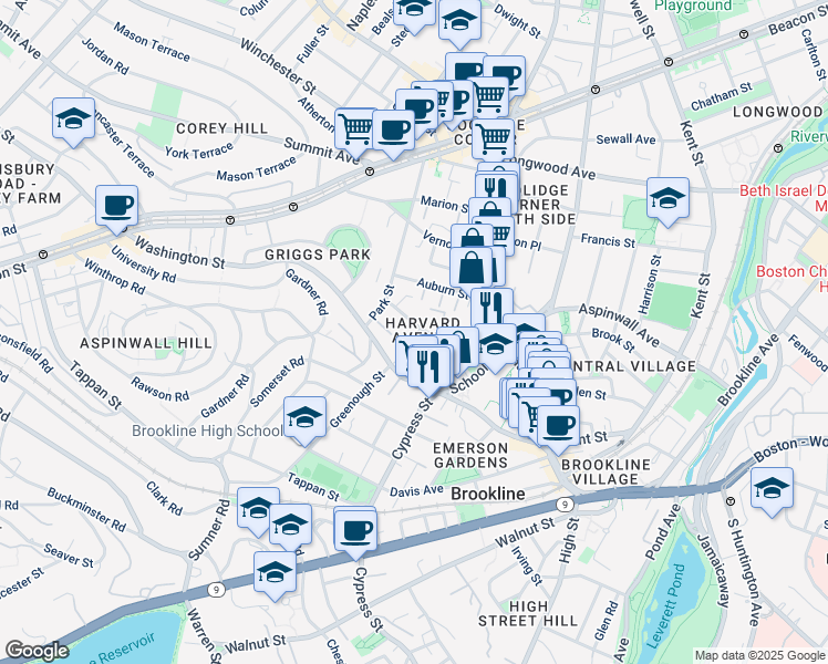 map of restaurants, bars, coffee shops, grocery stores, and more near 54 Harvard Avenue in Brookline