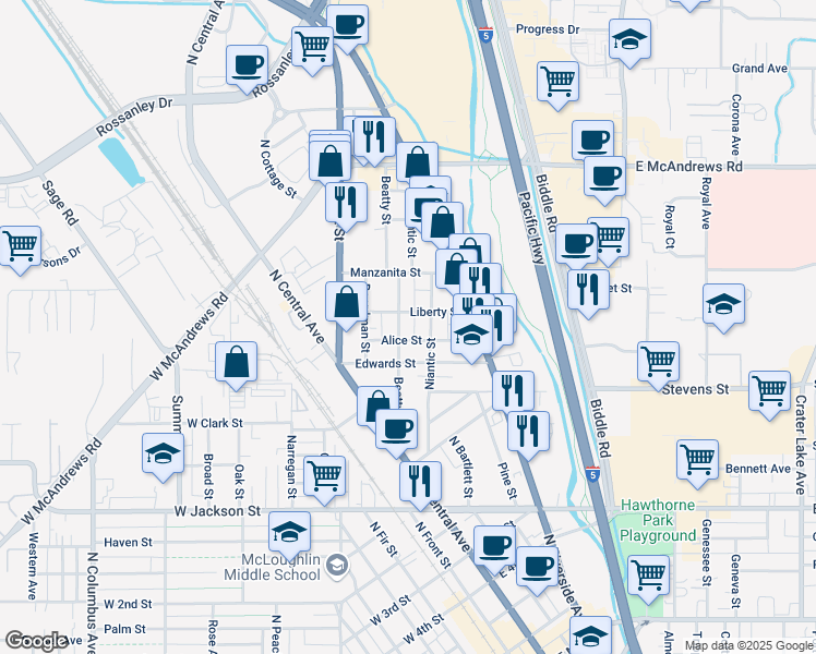 map of restaurants, bars, coffee shops, grocery stores, and more near 600 North Central Avenue in Medford