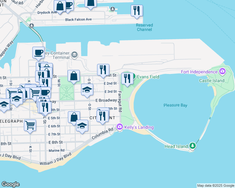 map of restaurants, bars, coffee shops, grocery stores, and more near 65 Farragut Road in Boston