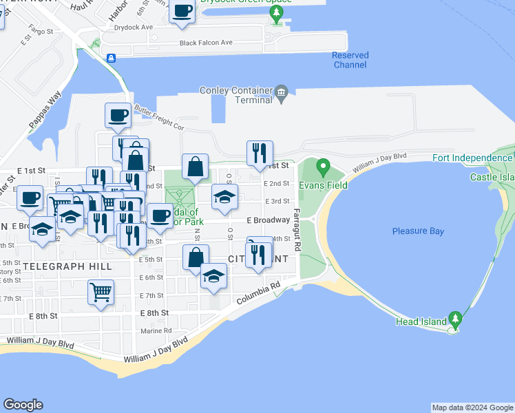 map of restaurants, bars, coffee shops, grocery stores, and more near 906 East Broadway in Boston