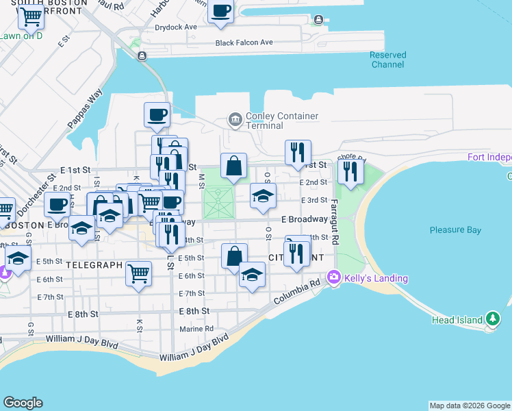 map of restaurants, bars, coffee shops, grocery stores, and more near 866 East Broadway in Boston