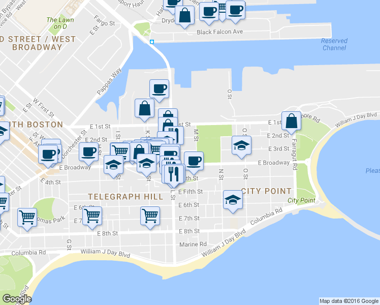 map of restaurants, bars, coffee shops, grocery stores, and more near 784 East Broadway in Boston